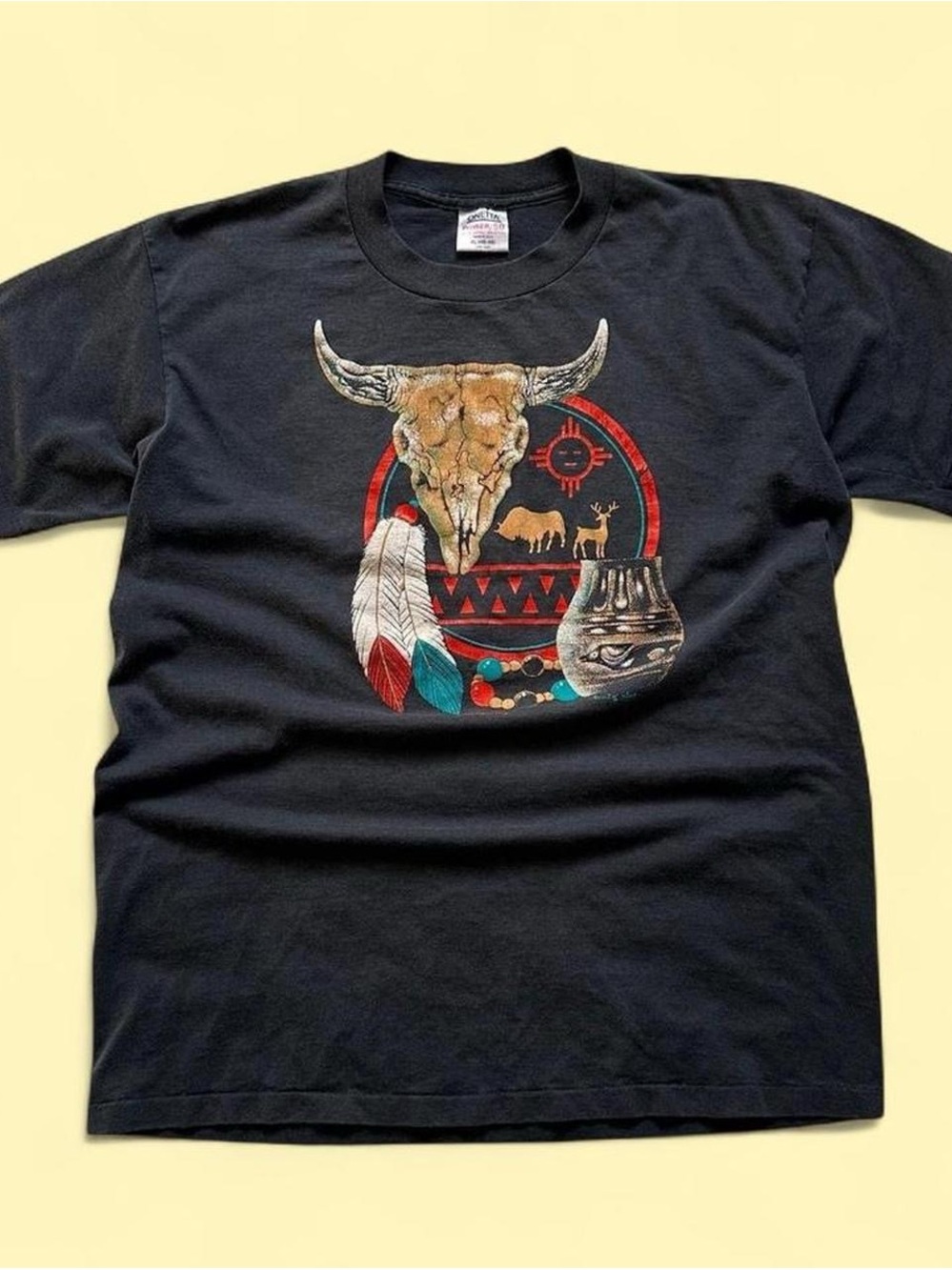 Vintage 1990s Black Native American Western Skull Graphic Tee - Mens XL